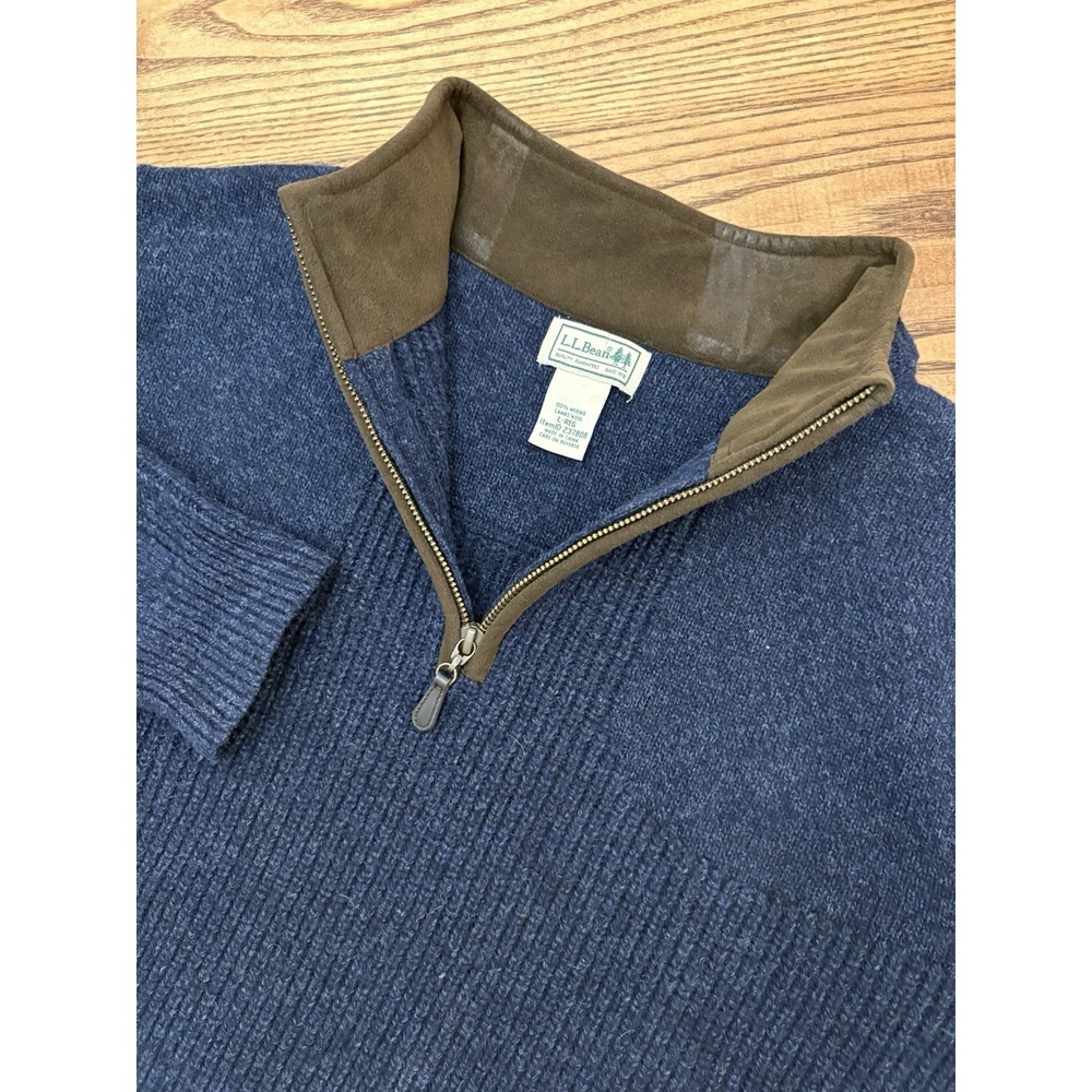 LL Bean Men's Large Carbon Navy Waterfowl Sweater 100% Merino Lambs Wool 1/4 Zip